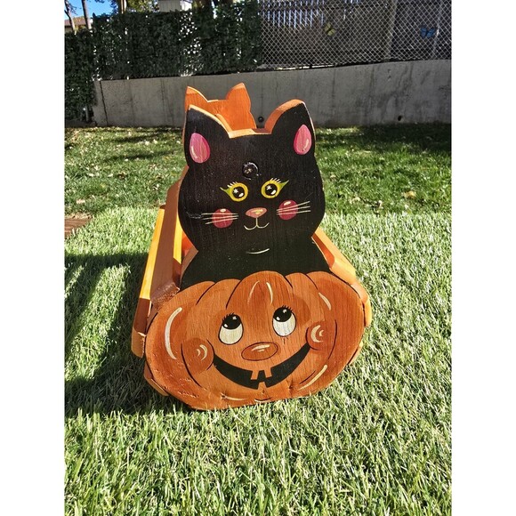 Vtg Halloween Jack O Lantern Black Cat Wooden Basket Planter Double Sided Signed - Picture 6 of 8